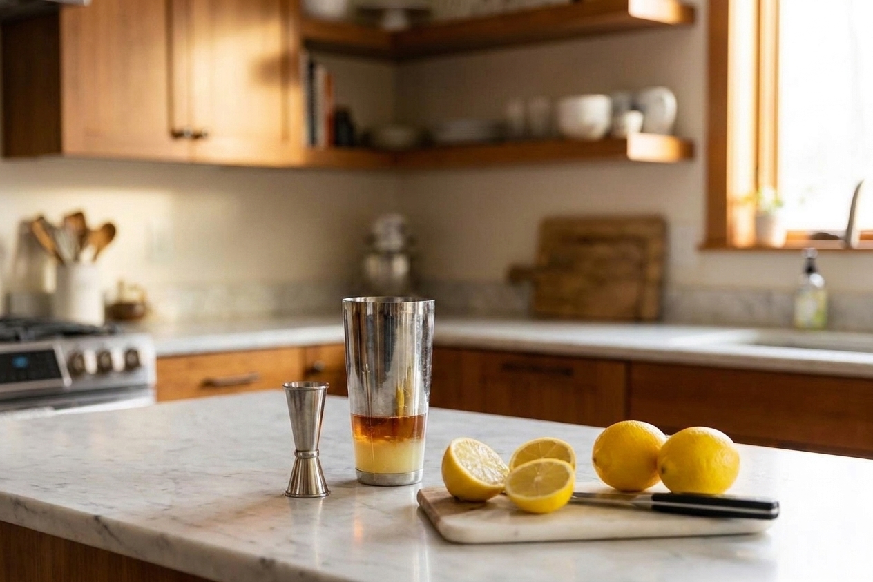 A cocktail shaker on a kitchen counter with measured spirits and lemon juice just added, jigger set beside it