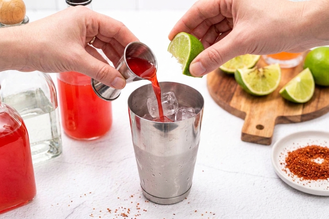 A cocktail shaker on a kitchen counter with tequila, watermelon liqueur, and freshly squeezed lime juice being added over ice
