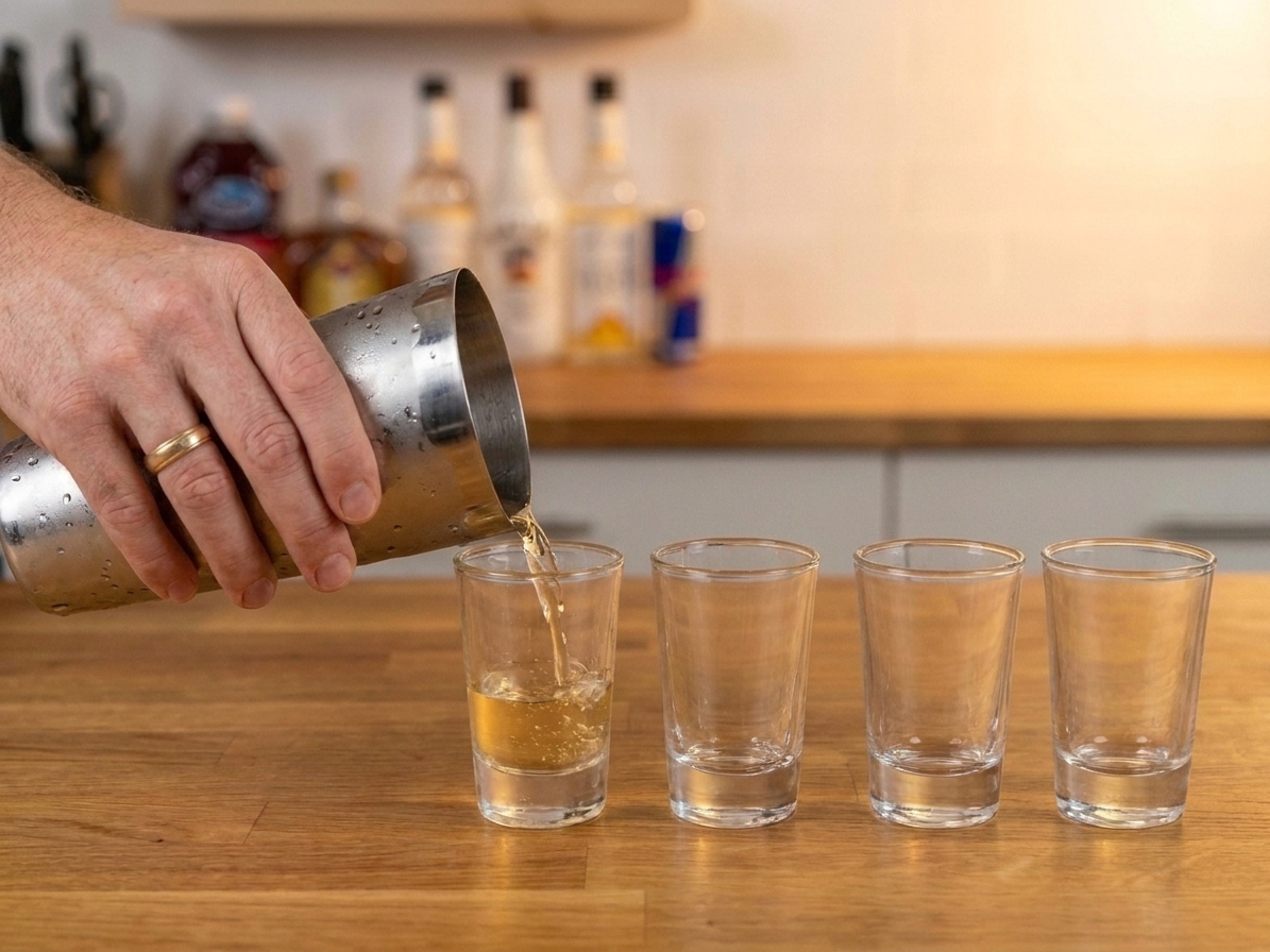 A cocktail shaker pouring pale golden liquid into four shot glasses lined up on a kitchen counter