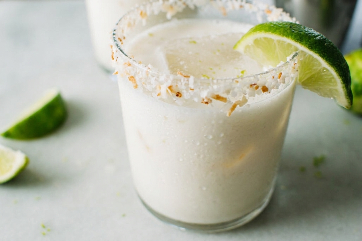 A coconut-salt rim on a margarita glass with condensation and a lime wedge on the edge