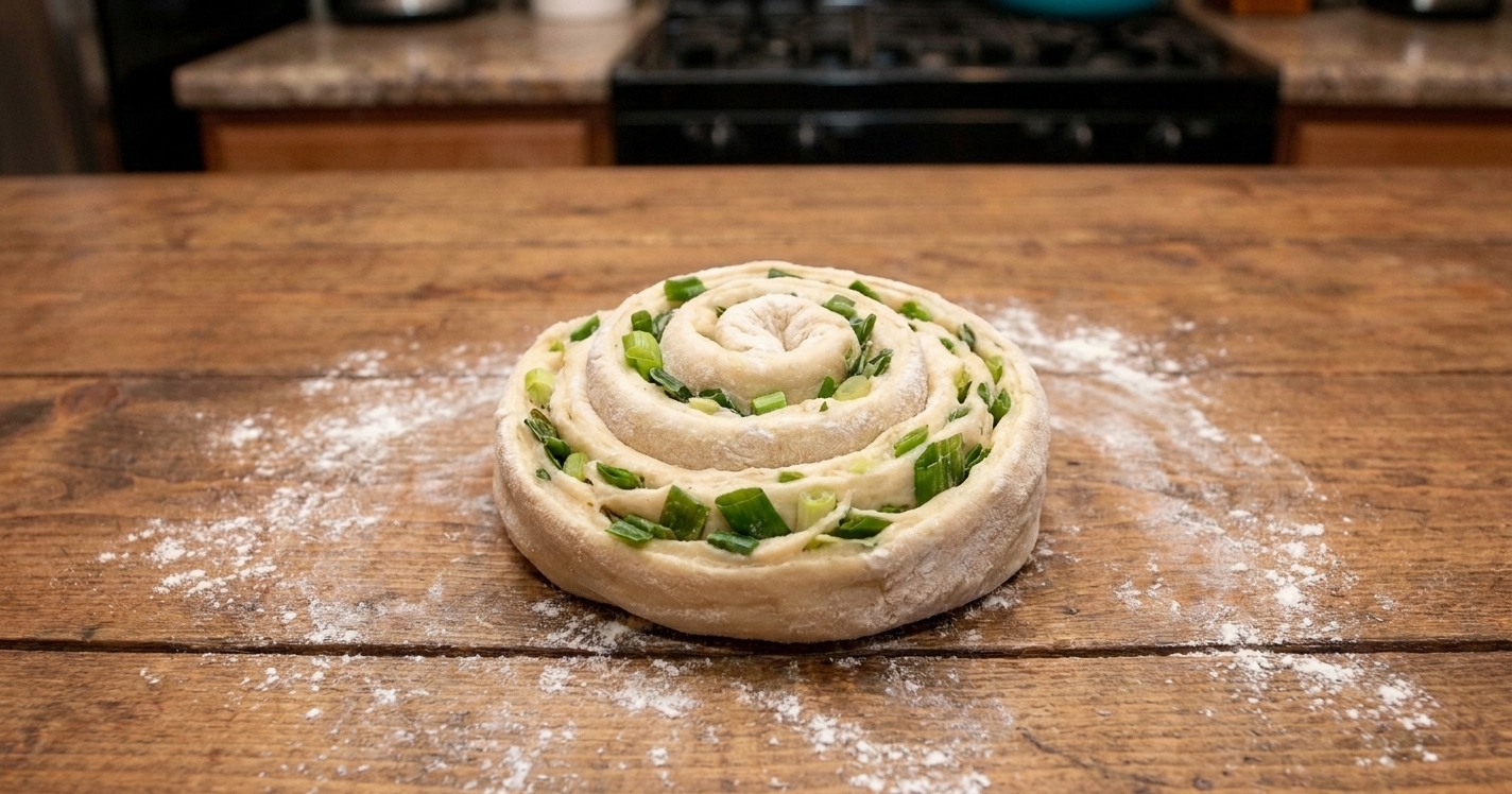 A coiled scallion pancake dough spiral on a floured wooden board before rolling flat