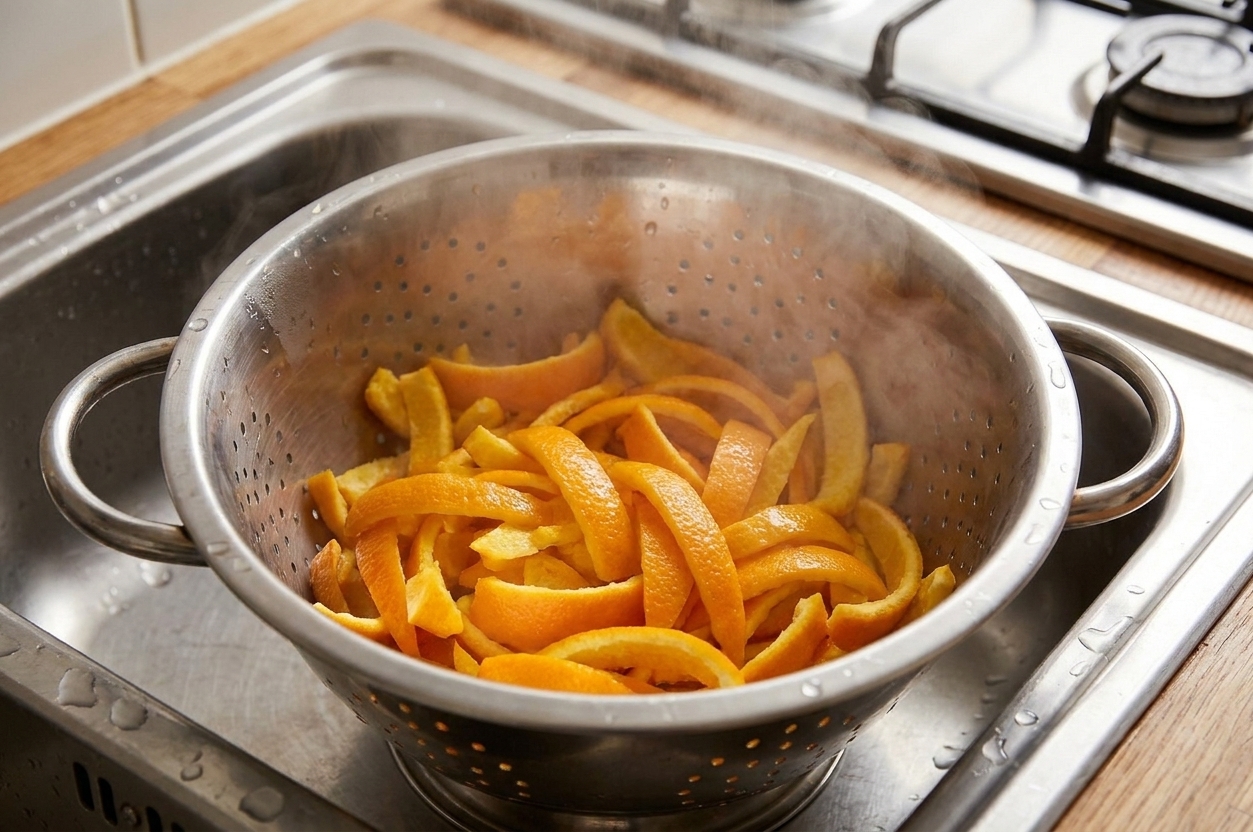 A colander in a sink draining freshly blanched orange peel strips with steam rising
