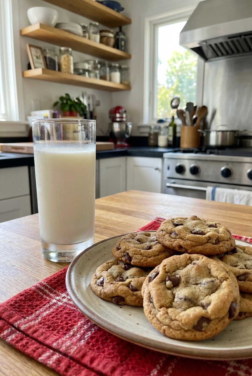 A cold glass of milk on a kitchen counter beside warm cookies