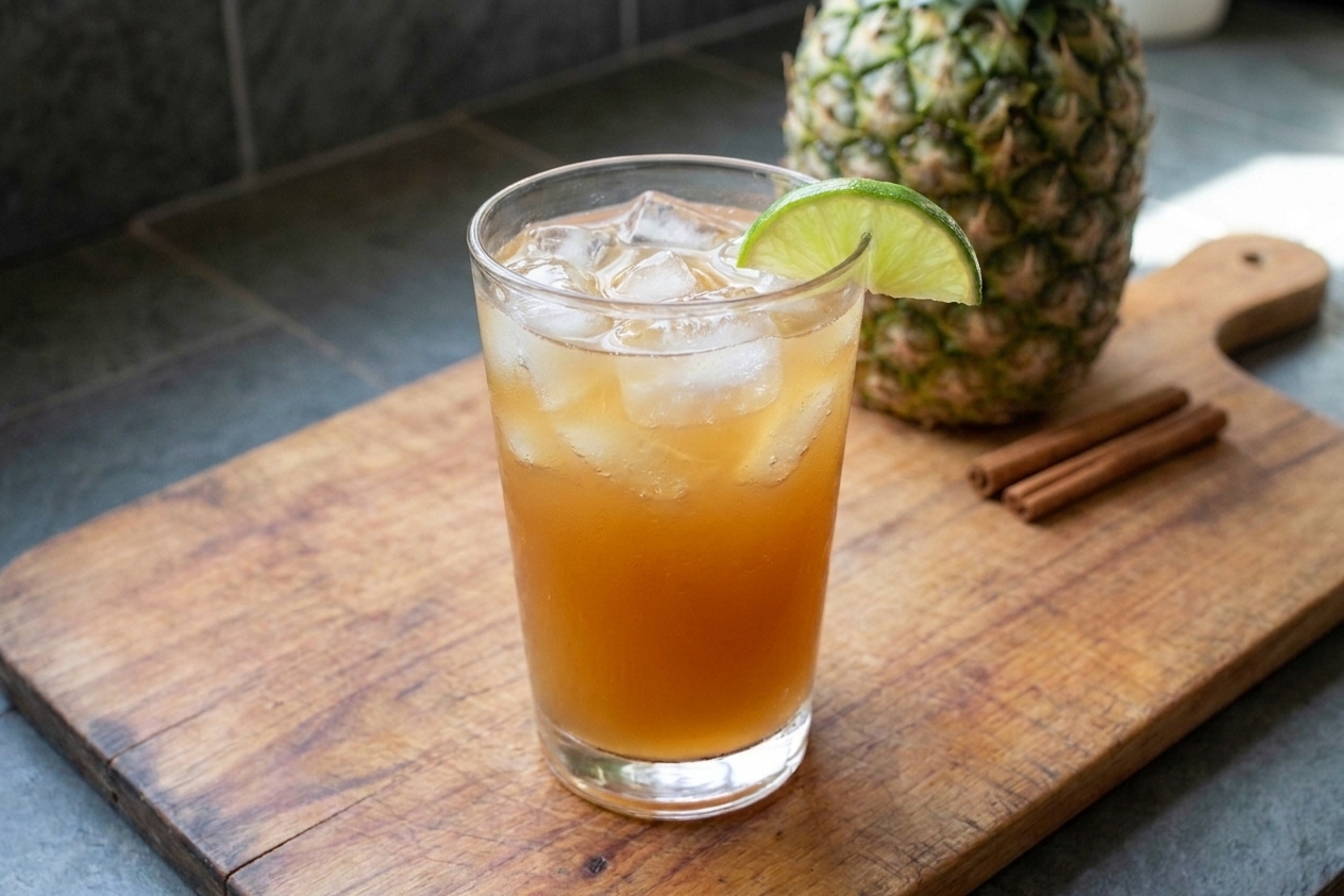 A cold glass of tepache over ice with a lime wedge on the rim on a simple wooden table setting