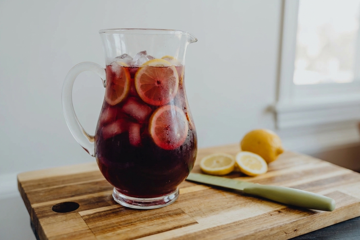 A cold pitcher of tinto de verano with red wine and lemon soda, packed with ice and lemon slices on a light kitchen counter