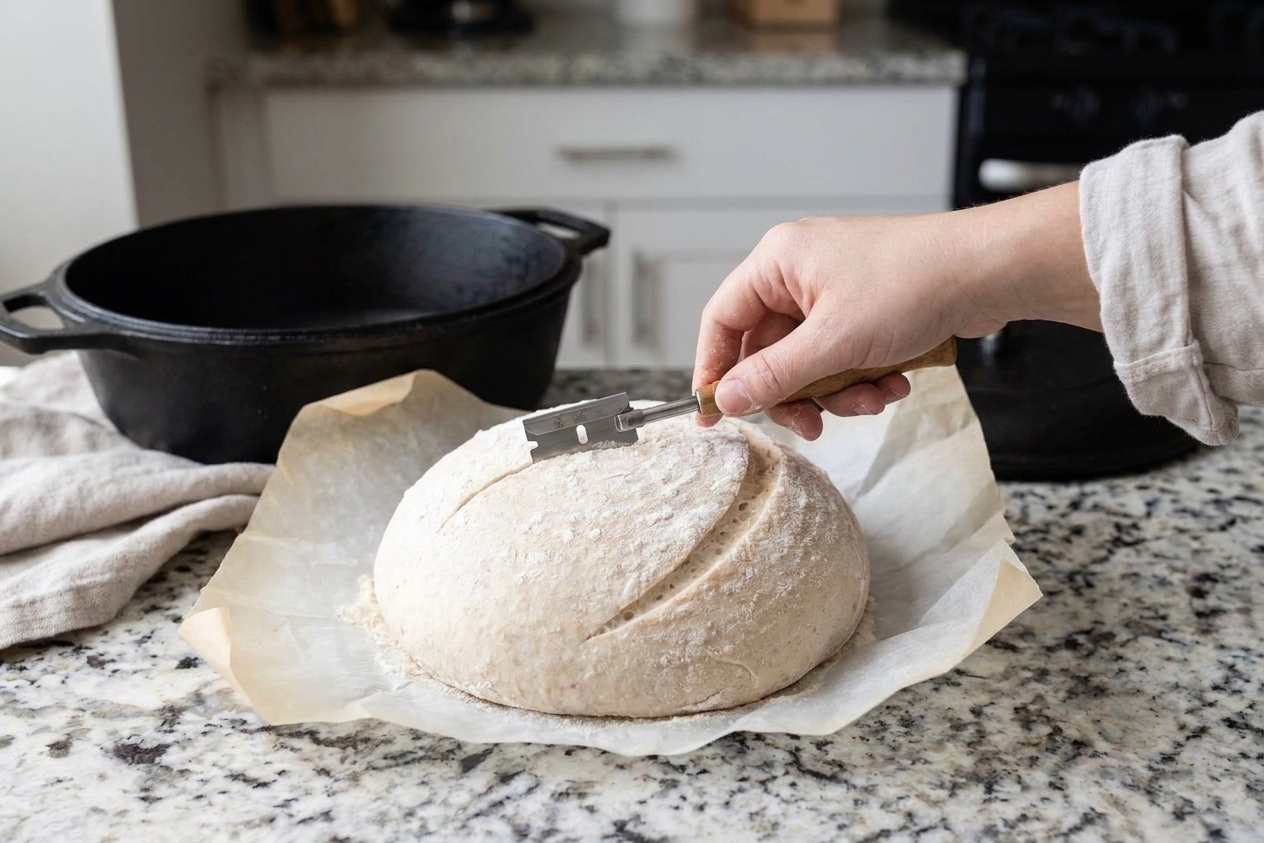 A cold proofed sourdough boule on parchment paper being scored with a razor just before baking