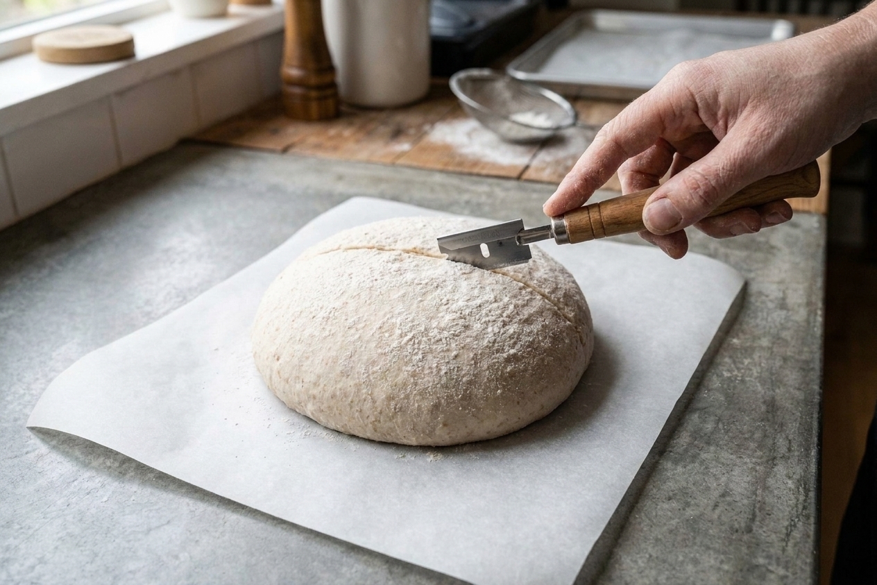 A cold sourdough loaf on parchment being scored with a bread lame on a kitchen counter