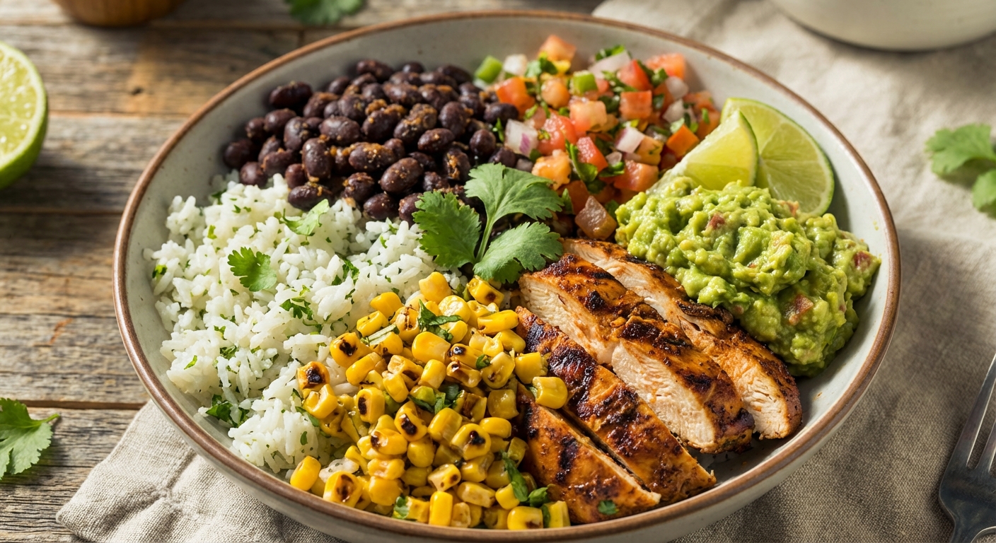 A colorful Chipotle-style burrito bowl with cilantro lime rice, sliced chipotle chicken, black beans, corn salsa, pico de gallo, guacamole, and lime wedges on a wooden table