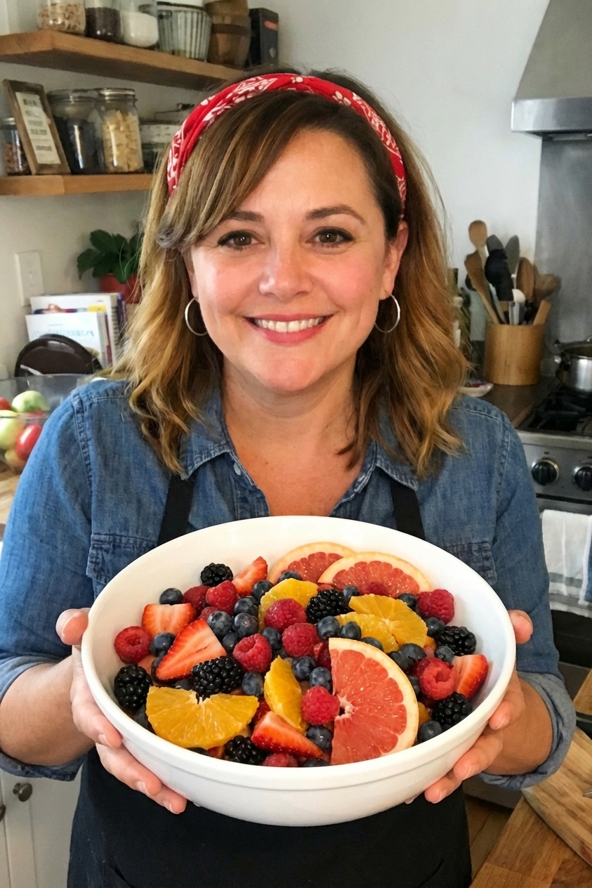 A colorful bowl of fresh fruit salad with berries and citrus
