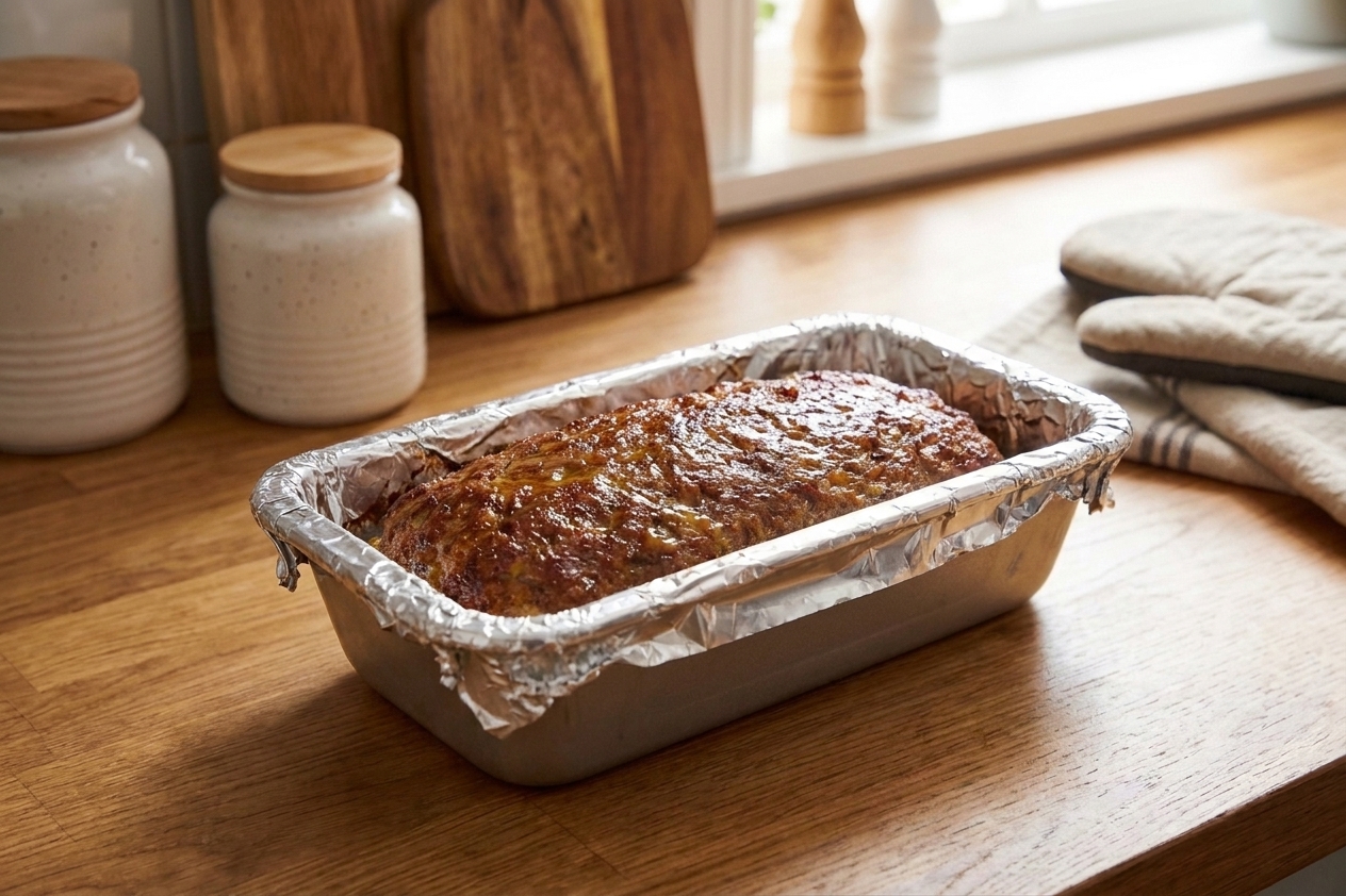 A compact baked doner-style meat loaf resting in a foil-lined loaf pan on a kitchen counter
