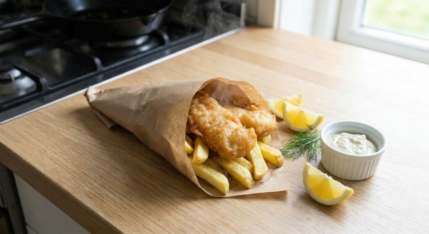 A cone of crispy fish and golden chips tucked into a paper wrap on a kitchen counter with lemon wedges and a small cup of tartar sauce