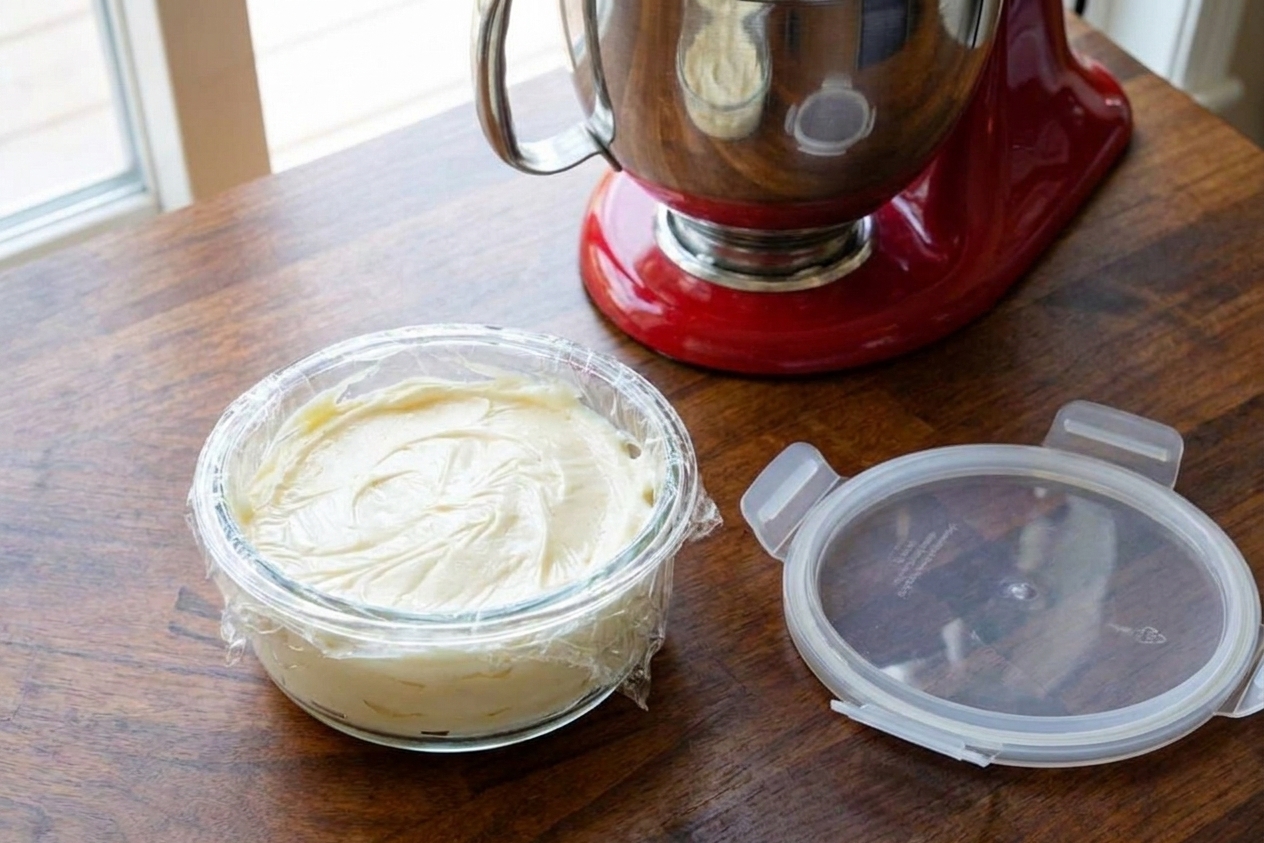 A container of buttercream icing with plastic wrap pressed on the surface and a snap-on lid beside it on a kitchen counter