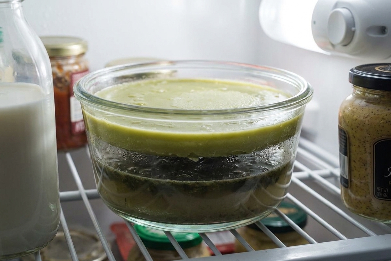 A container of chilled cannabutter with a solid butter layer on top and darker water underneath, sitting on a refrigerator shelf