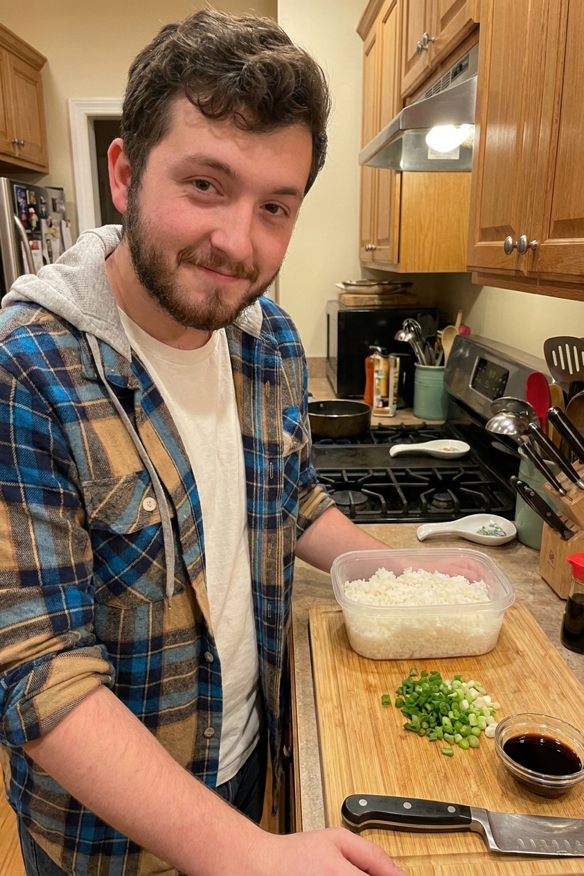 A container of chilled leftover white rice on a cutting board next to sliced scallions and a small bowl of soy sauce in a home kitchen