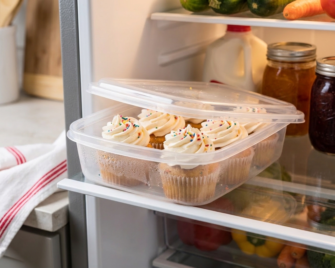 A container of frosted cupcakes with whipped icing stored on a refrigerator shelf, lid slightly ajar