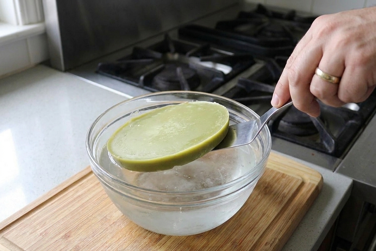 A container with a solid pale butter layer on top of chilled water, ready to be lifted out