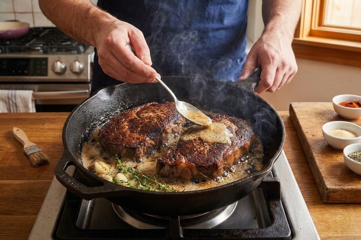 A cook basting a steak with foaming butter in a cast iron skillet on a home stove