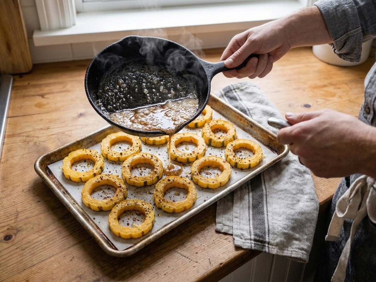 A cook drizzling glossy maple-butter sauce over roasted squash on a sheet pan