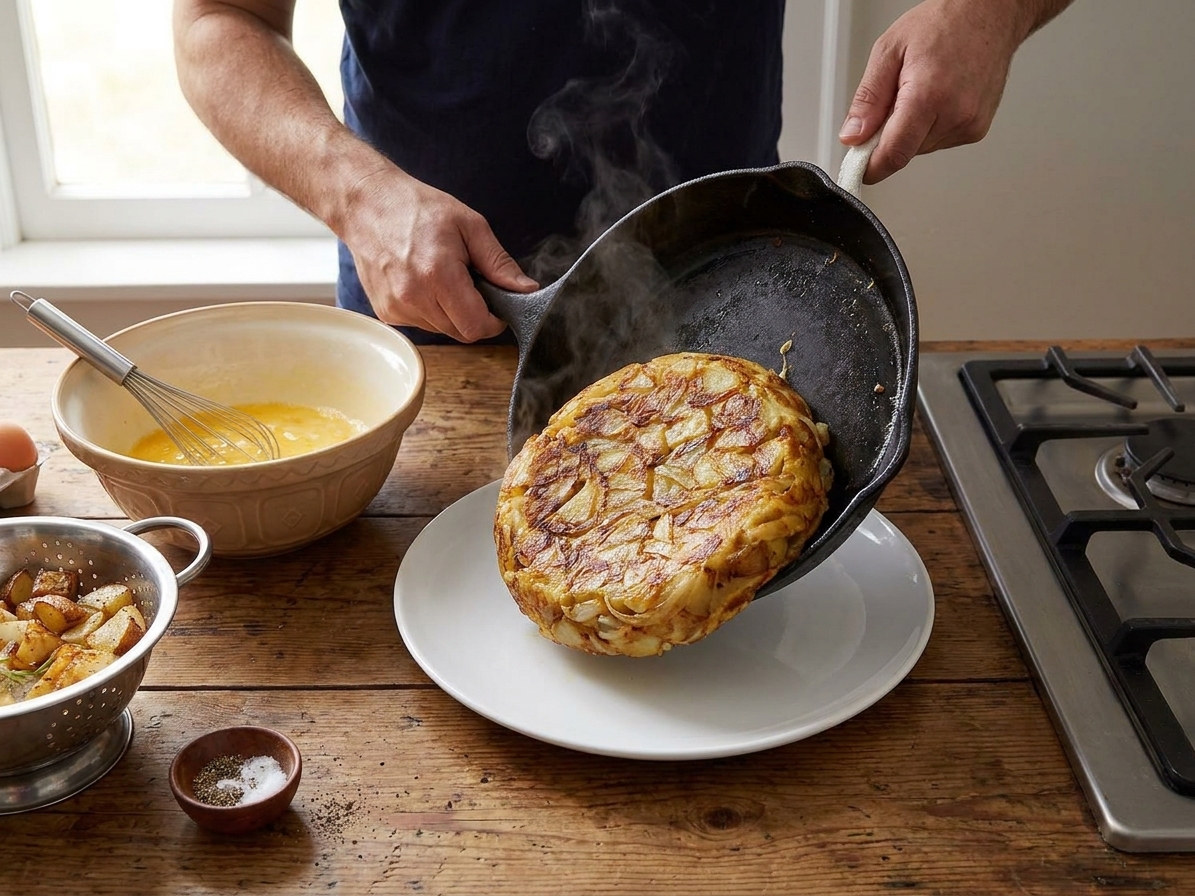 A cook flipping a tortilla española by inverting a skillet onto a large white plate on a home kitchen counter