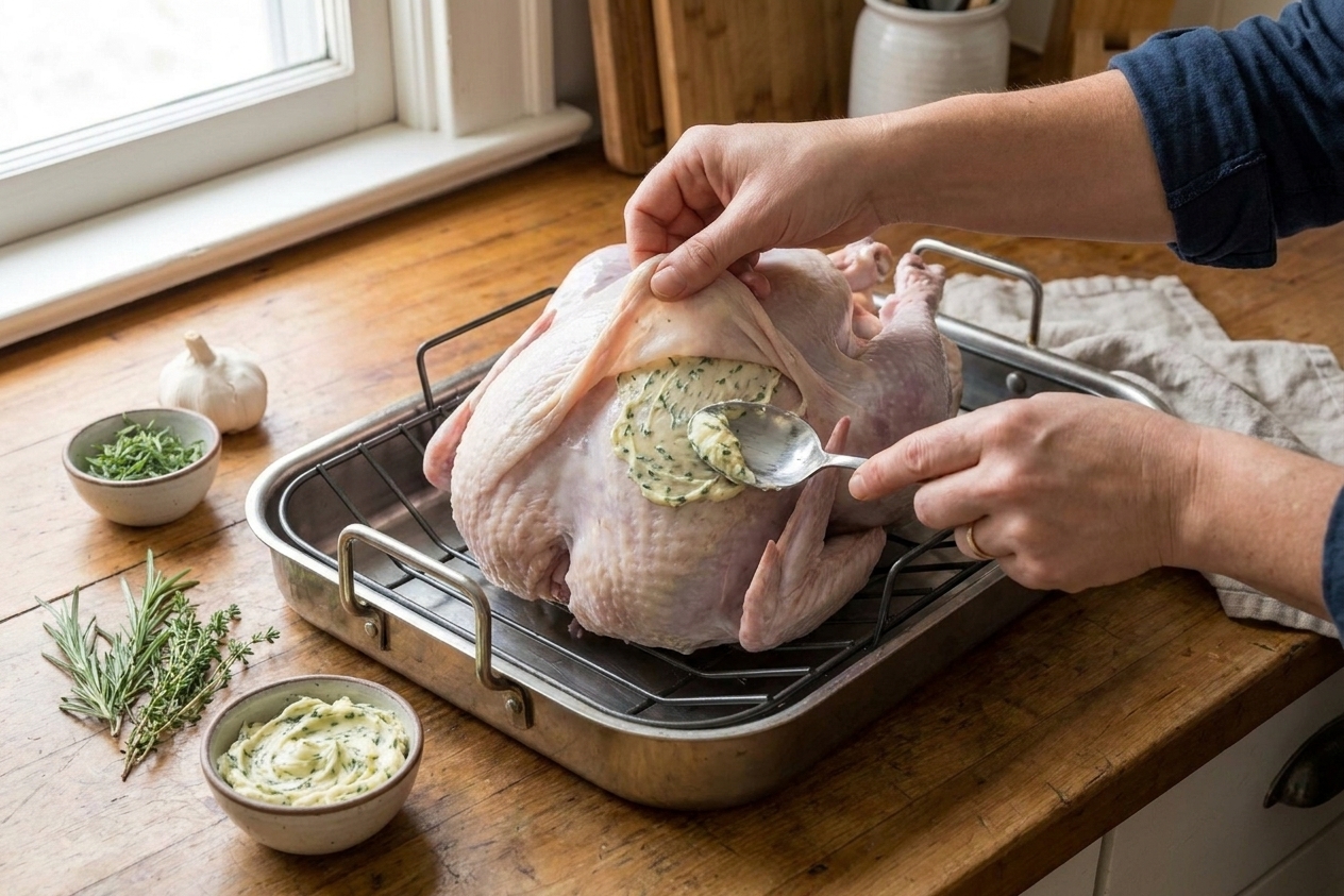 A cook gently lifts the turkey breast skin and spreads herb butter underneath while the turkey sits on a roasting rack over a pan on a kitchen counter