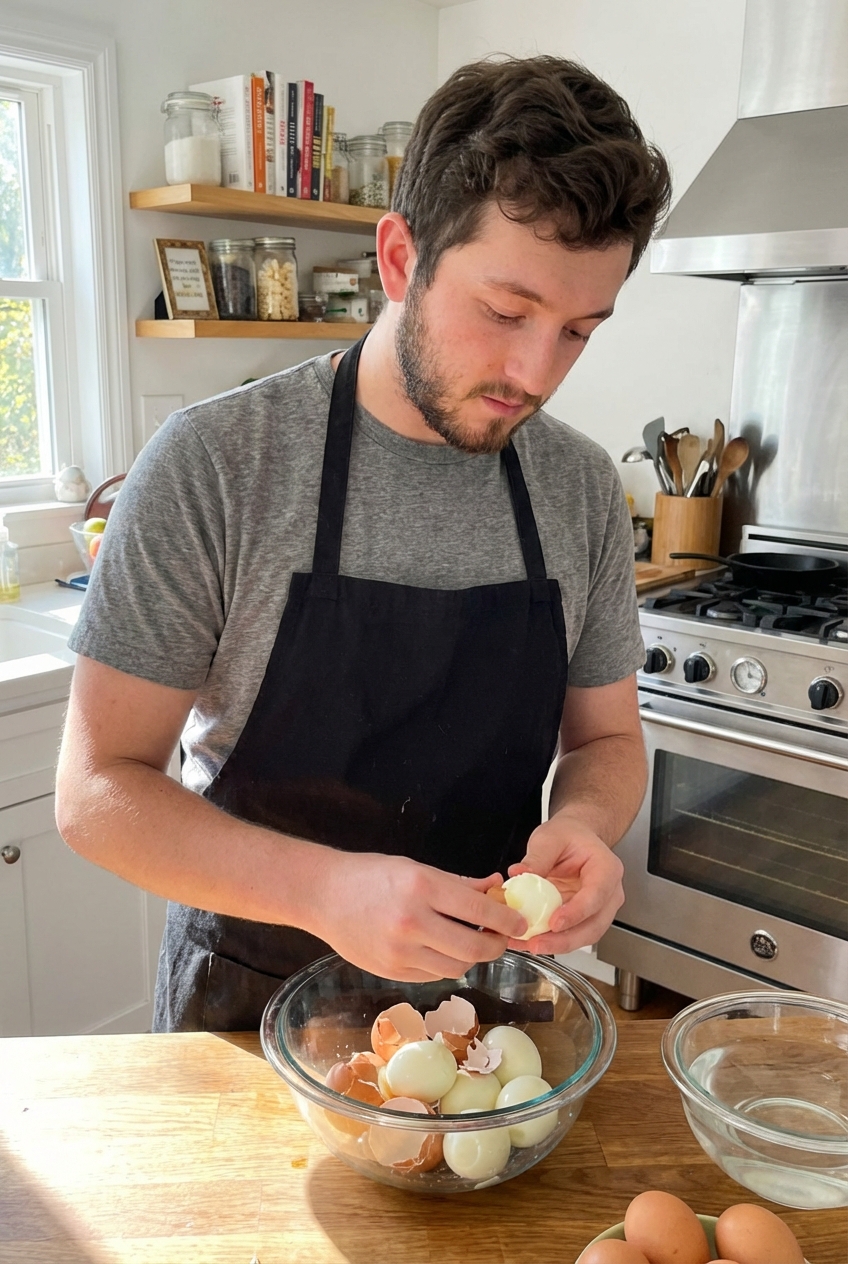 A cook peeling hard-boiled eggs over a bowl in a bright home kitchen