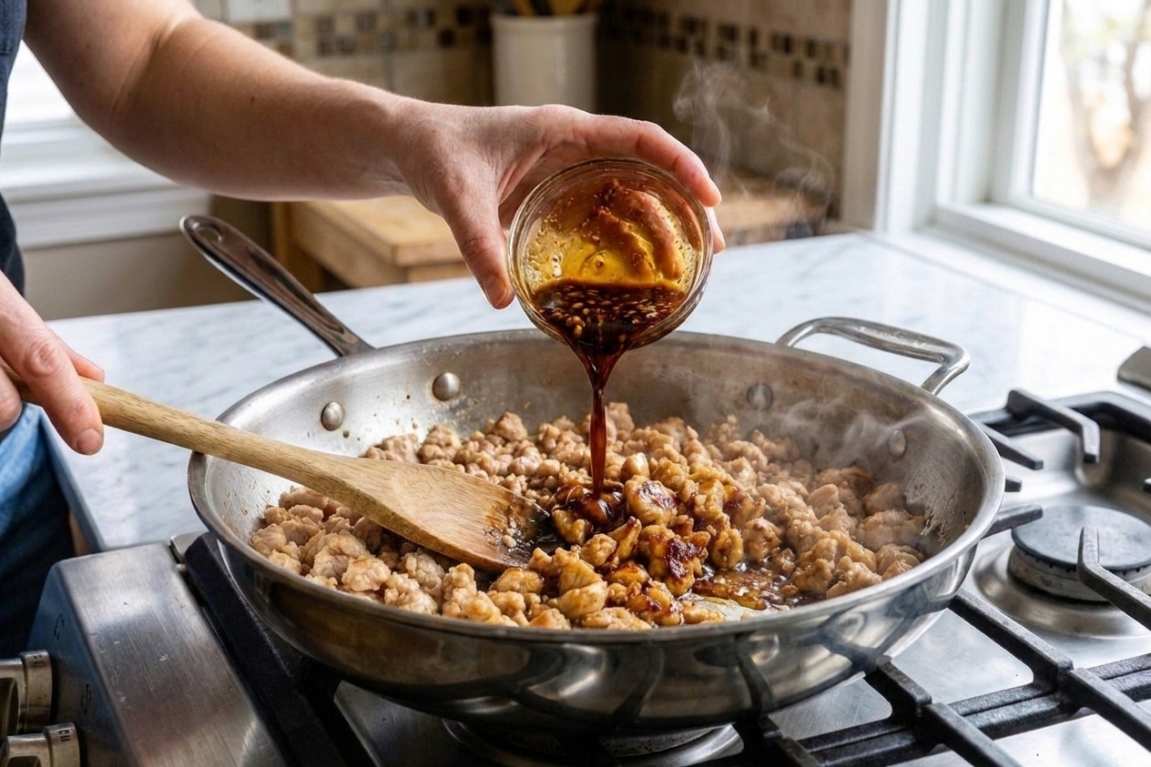 A cook pouring a ginger-garlic soy sauce mixture into a hot skillet of browned ground chicken
