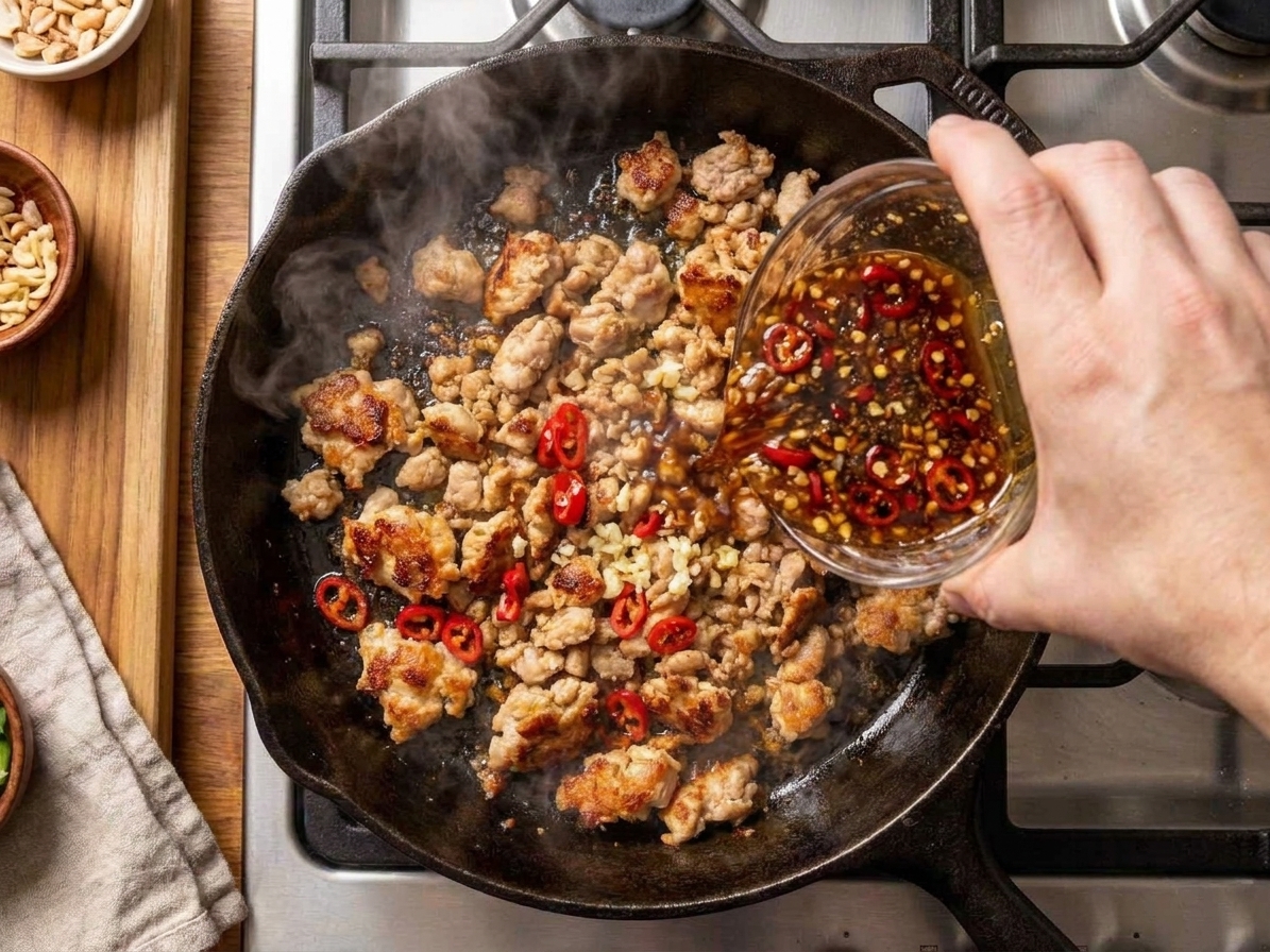 A cook pouring a small bowl of dark stir-fry sauce into a sizzling skillet with browned meat, garlic, and chiles
