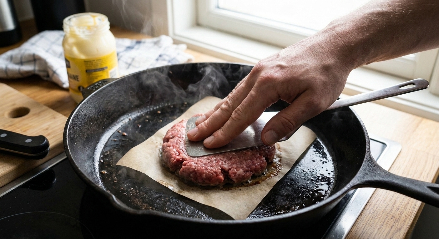 A cook pressing a beef ball flat with a metal spatula over parchment paper in a hot cast iron skillet, edges beginning to brown