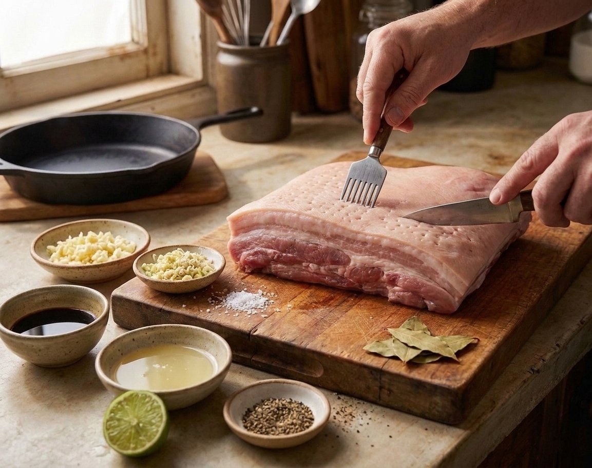 A cook pricking and lightly scoring the skin of a pork belly slab on a wooden cutting board