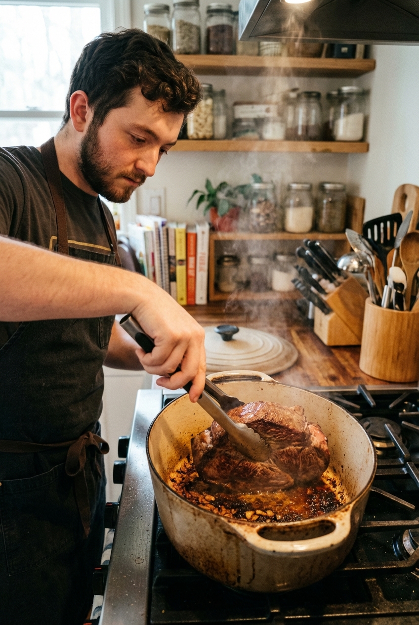 A cook searing a chuck roast in a Dutch oven on a stovetop with browned bits forming on the bottom