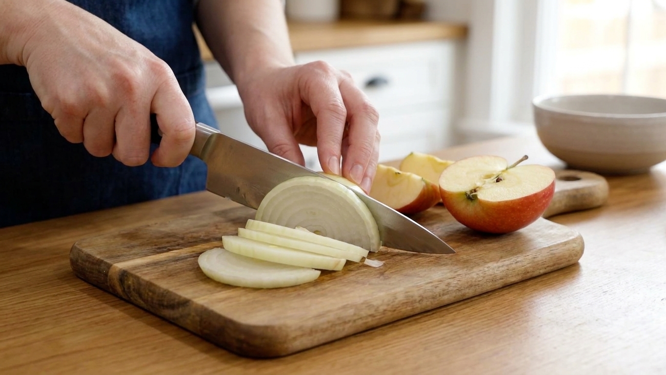 A cook slices a yellow onion and an apple on a wooden cutting board in a warm home kitchen