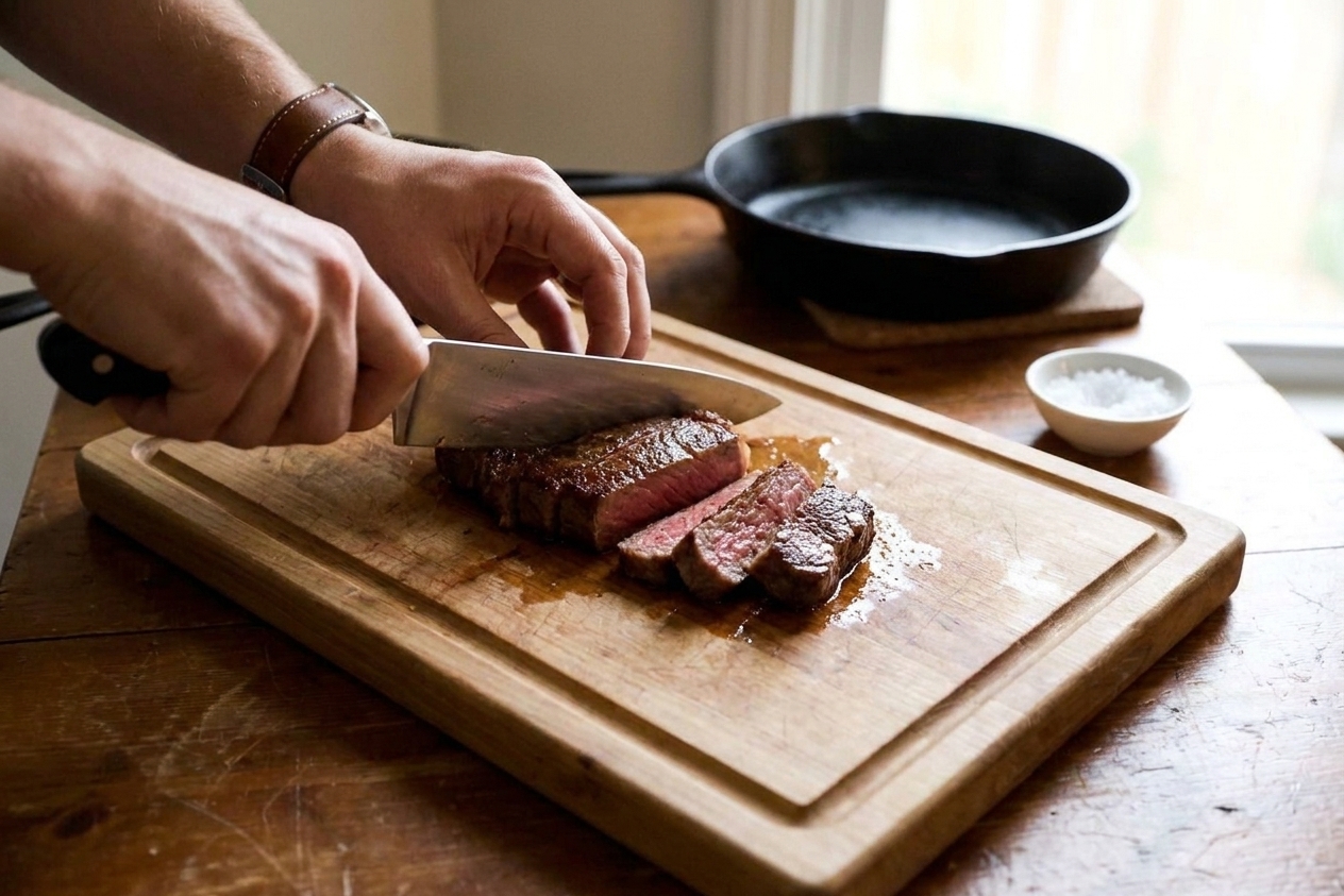 A cook slicing a rested seared steak on a wooden cutting board with a chef's knife in a simple home kitchen