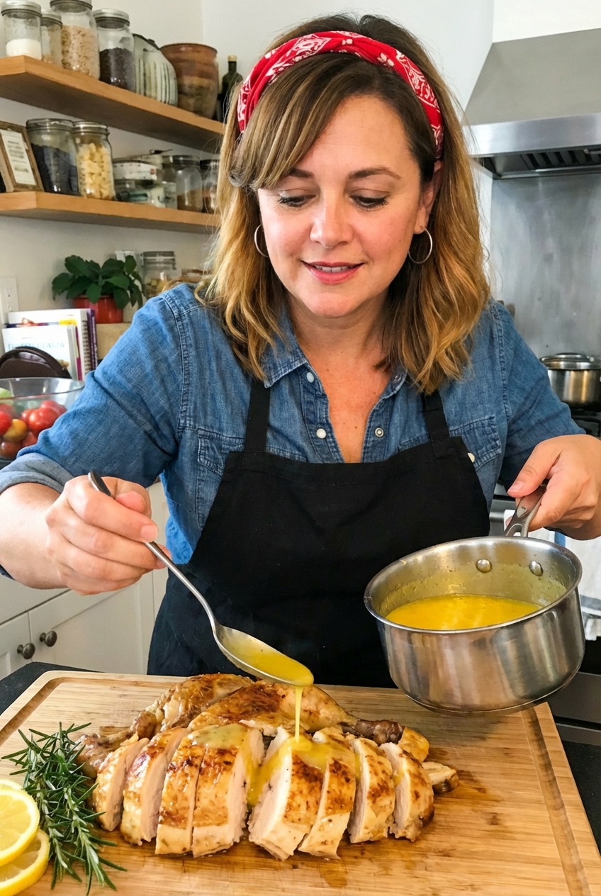 A cook spooning bright lemon Dijon pan sauce over sliced roast chicken on a cutting board