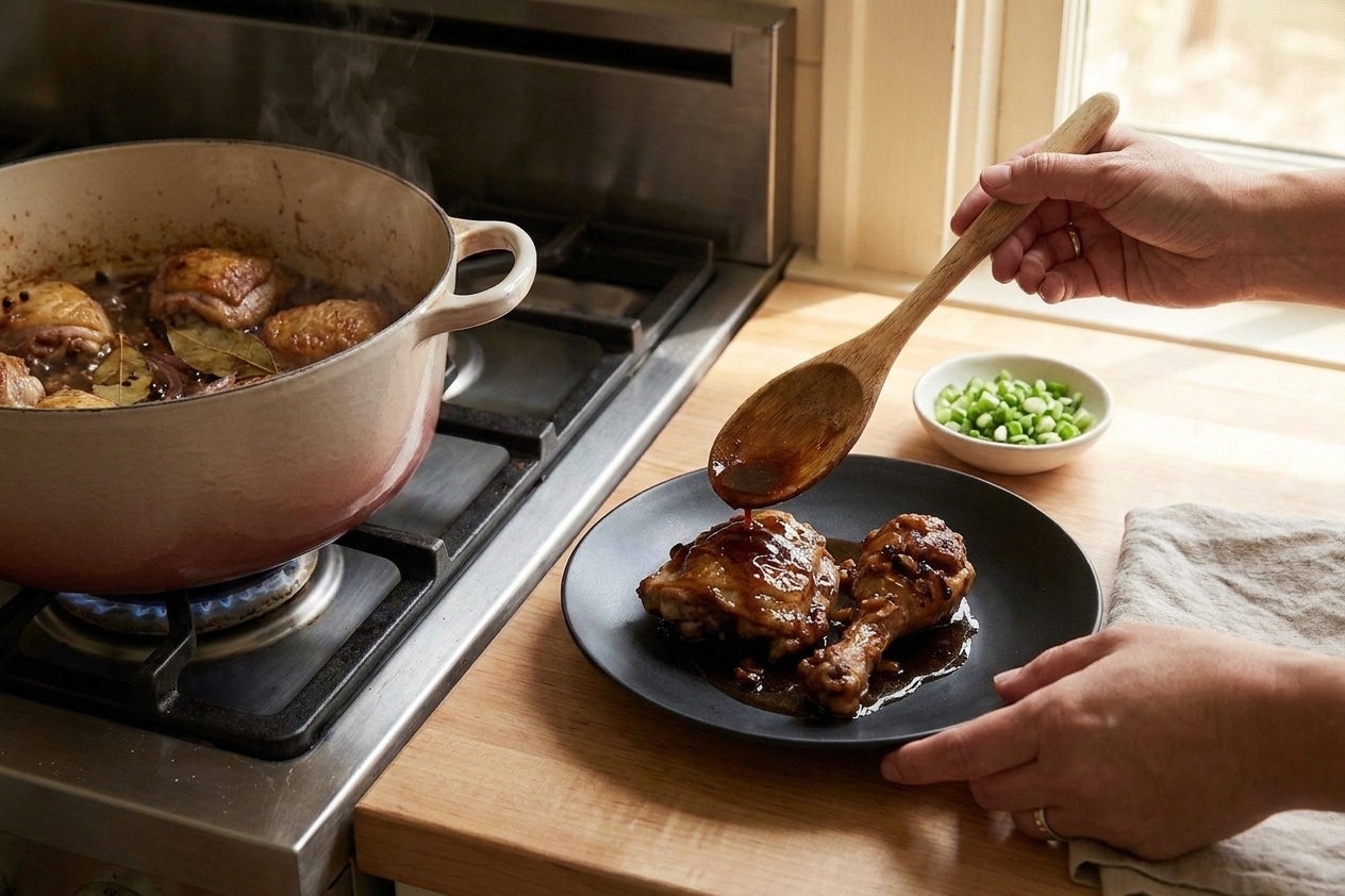 A cook spoons glossy adobo sauce over chicken on a plate beside a pot on the stovetop in warm kitchen lighting