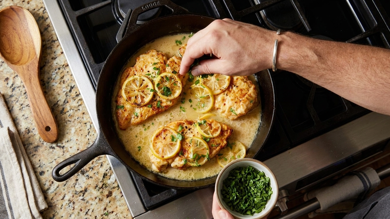 A cook sprinkling chopped parsley over chicken francaise in a skillet on a stovetop with warm kitchen lighting