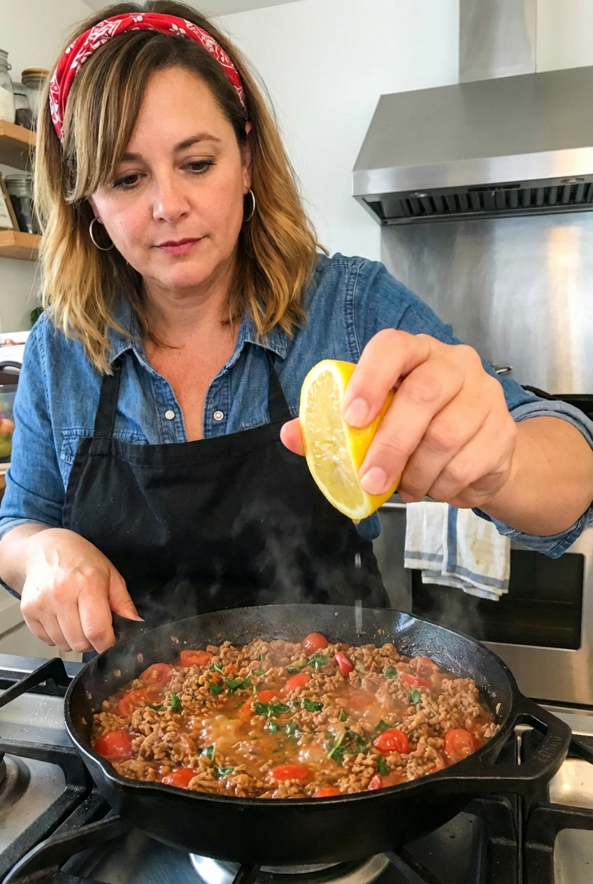 A cook squeezing fresh lemon over a skillet of spiced ground lamb sauce on a stovetop