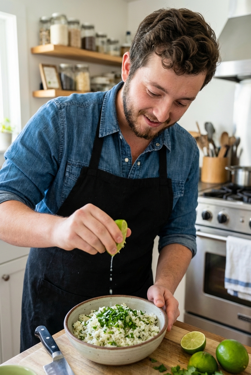 A cook squeezing fresh lime over a bowl of cilantro lime rice in a kitchen
