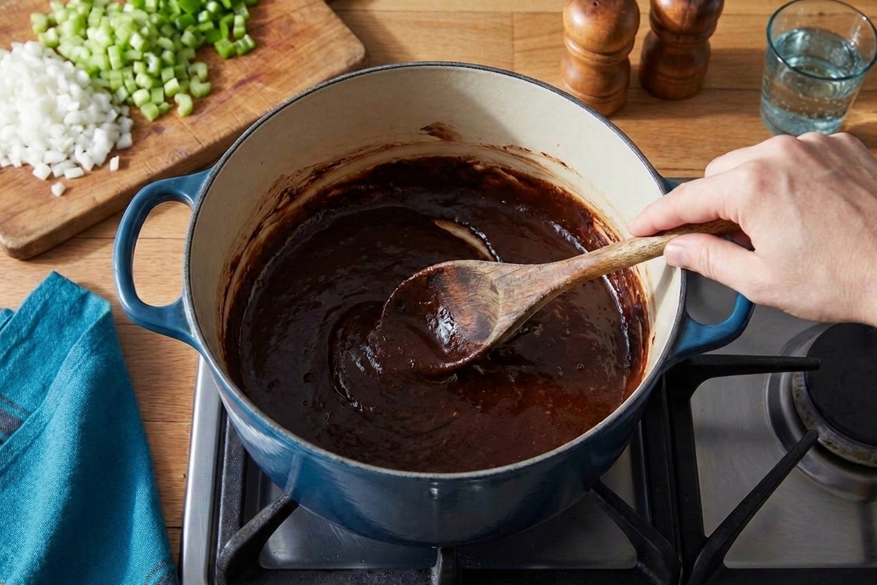 A cook stirring a darkening roux in a Dutch oven on the stove with prepped vegetables nearby