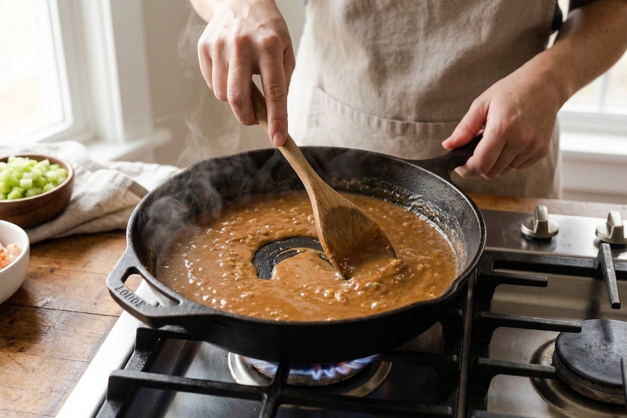 A cook stirring a medium-brown roux in a cast iron skillet on a home stove with warm kitchen lighting