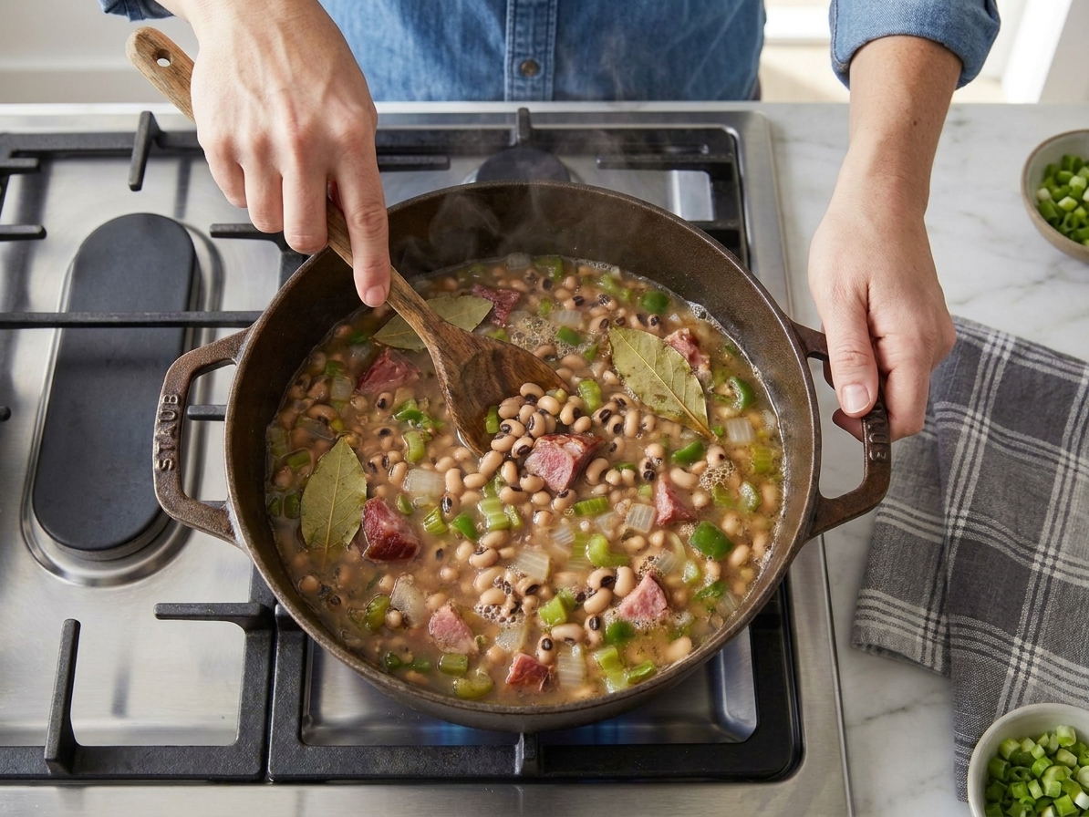 A cook stirring a pot of black-eyed peas with a wooden spoon on a home kitchen stove
