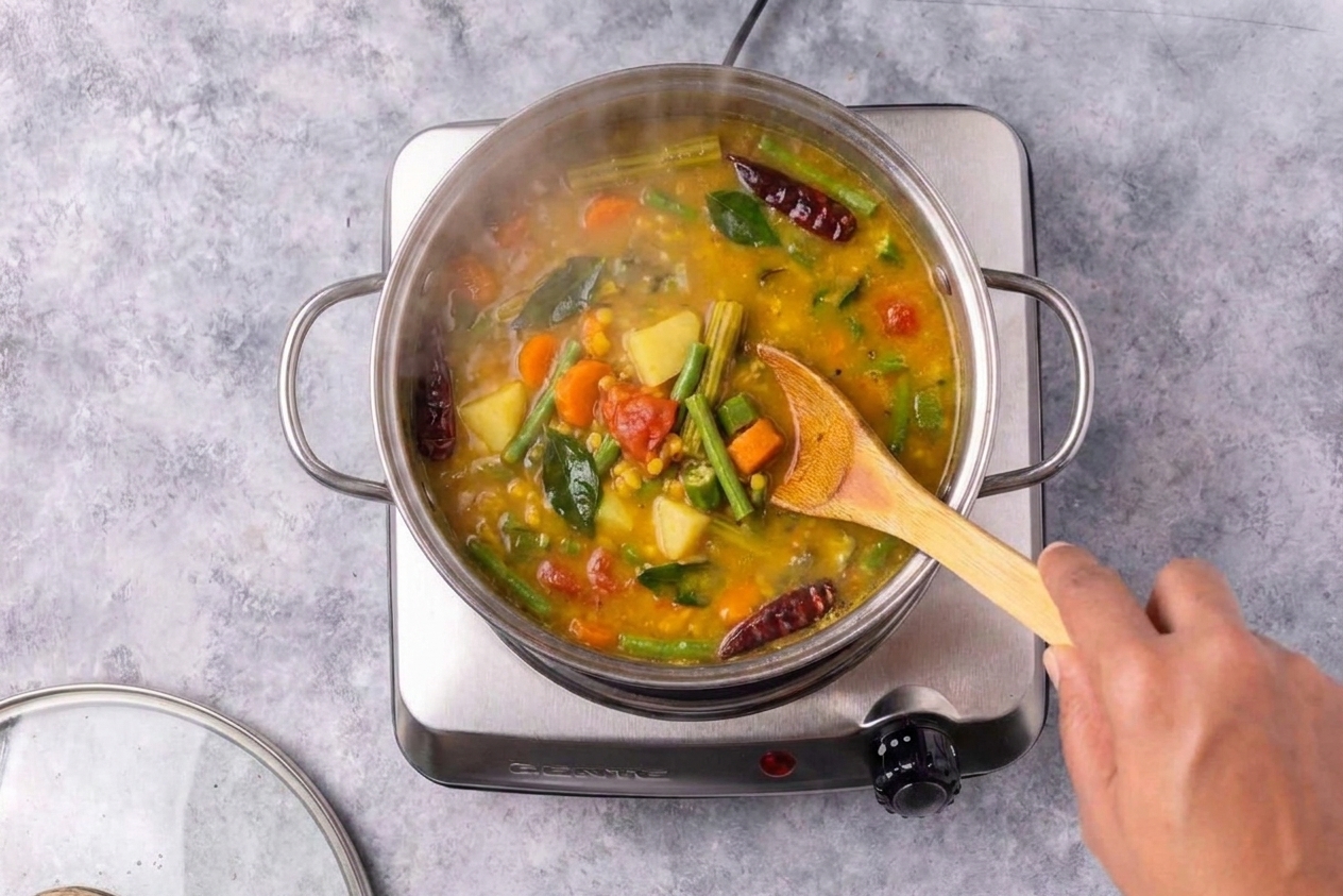 A cook stirring a pot of sambar on the stovetop with steam rising in warm kitchen light