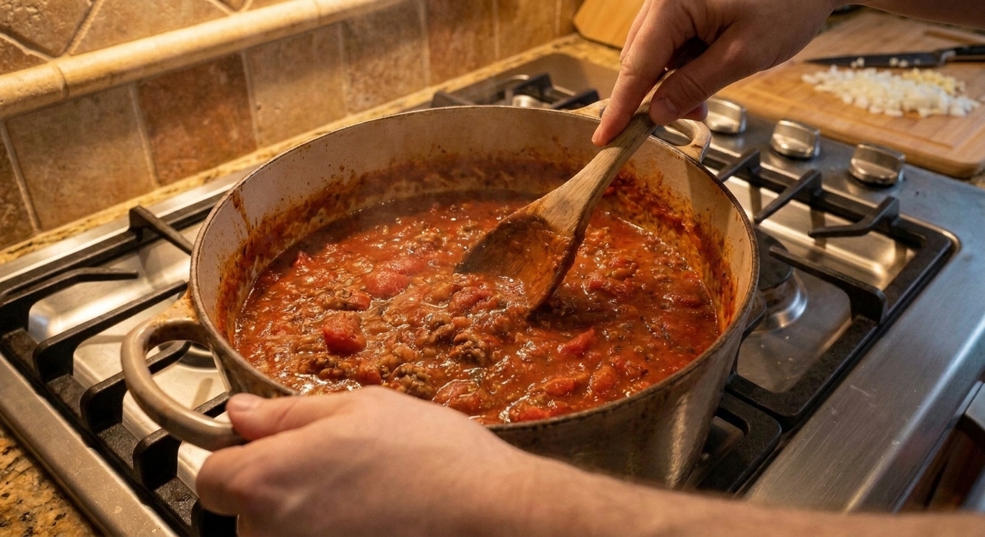 A cook stirring a pot of simmering spaghetti sauce on a home stovetop
