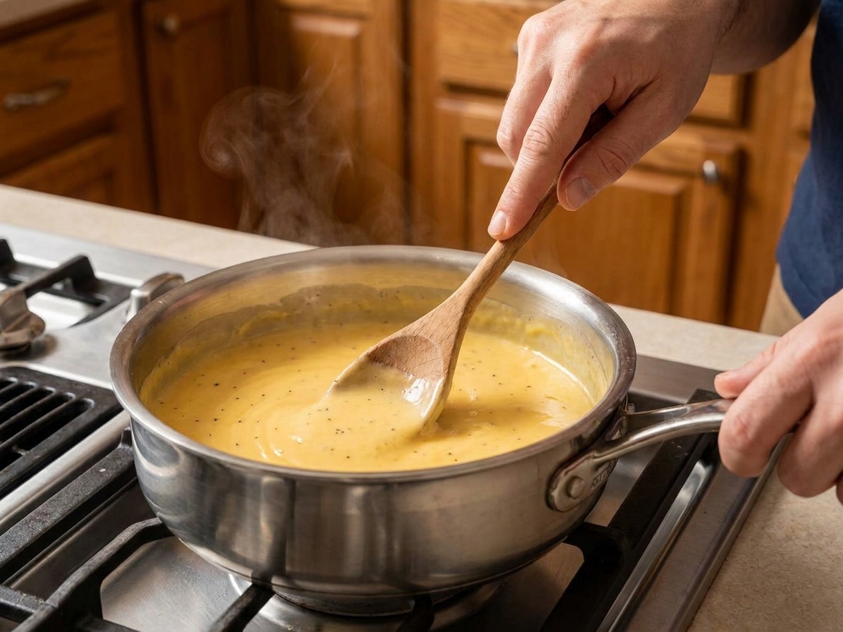 A cook stirring a smooth cheese sauce in a saucepan on a stovetop with steam rising