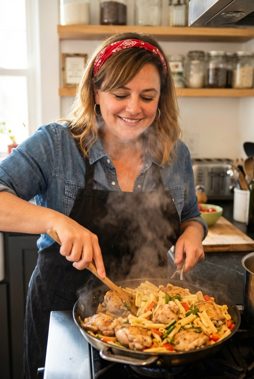 A cook stirring pasta and chicken in a skillet with a wooden spoon as steam rises