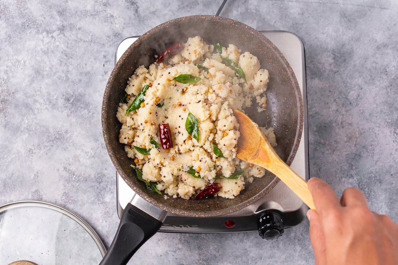 A cook stirring thickening upma in a skillet as the semolina absorbs liquid and turns fluffy, with steam rising