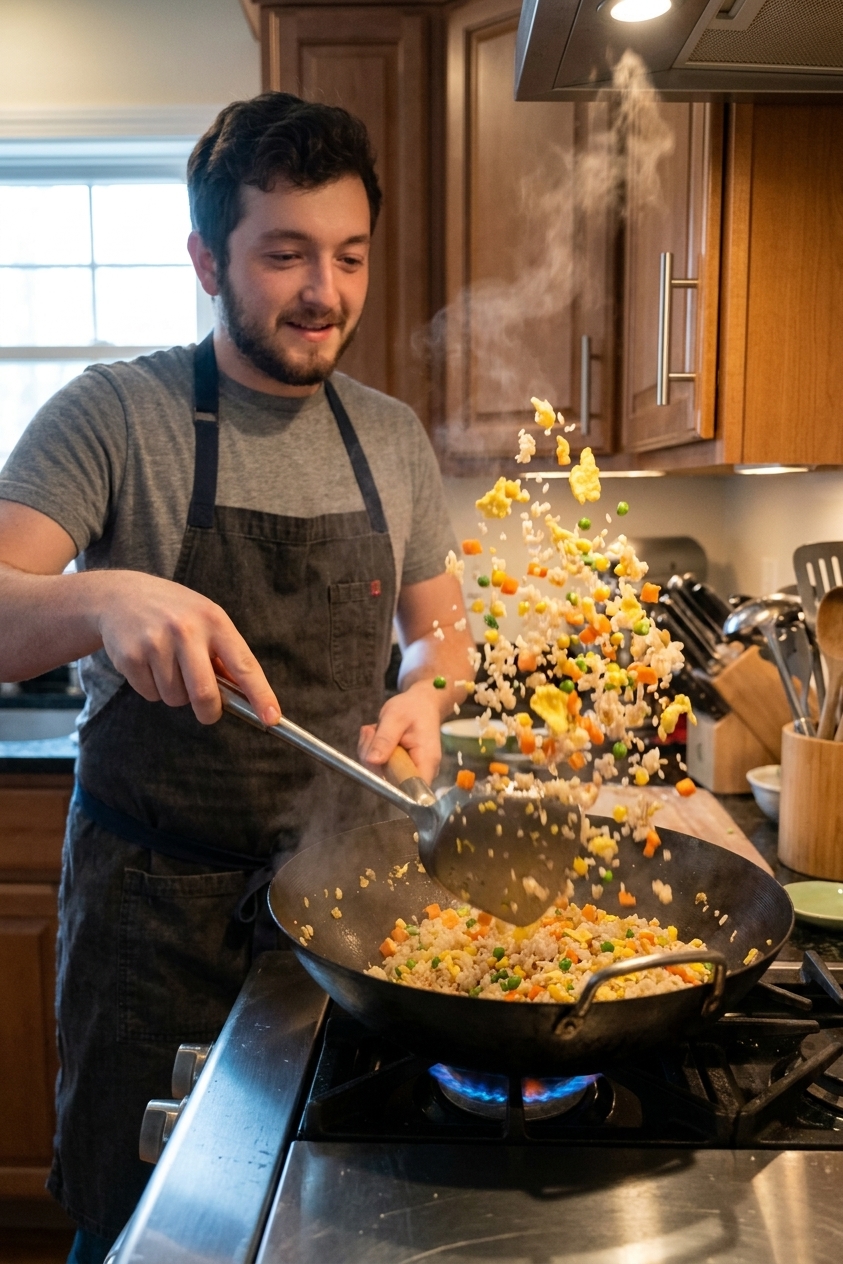 A cook tossing fried rice in a hot skillet with a spatula, showing grains, vegetables, and scrambled egg mid-stir on a stovetop