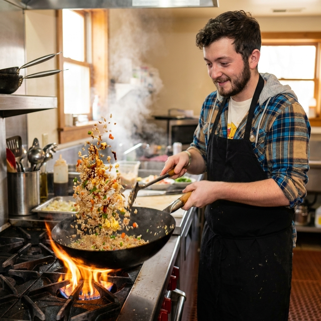 A cook tossing fried rice in a hot skillet with a spatula as soy-based sauce coats the rice and vegetables, real action food photograph