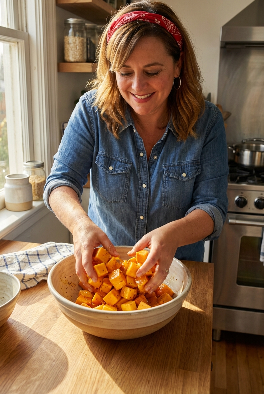 A cook tossing raw butternut squash cubes with oil and spices in a large mixing bowl on a kitchen counter