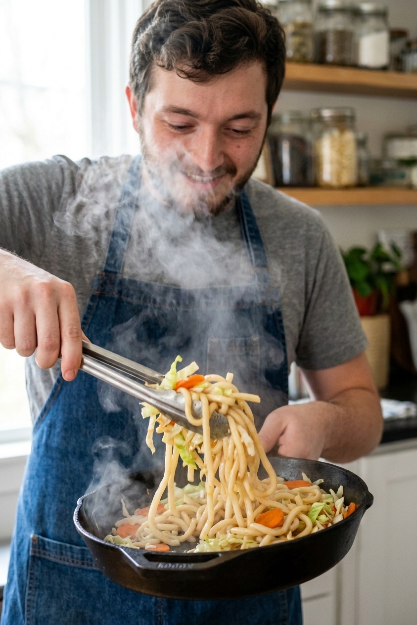 A cook tossing thick udon noodles with cabbage and carrots in a hot skillet using tongs, steam rising, real food photography