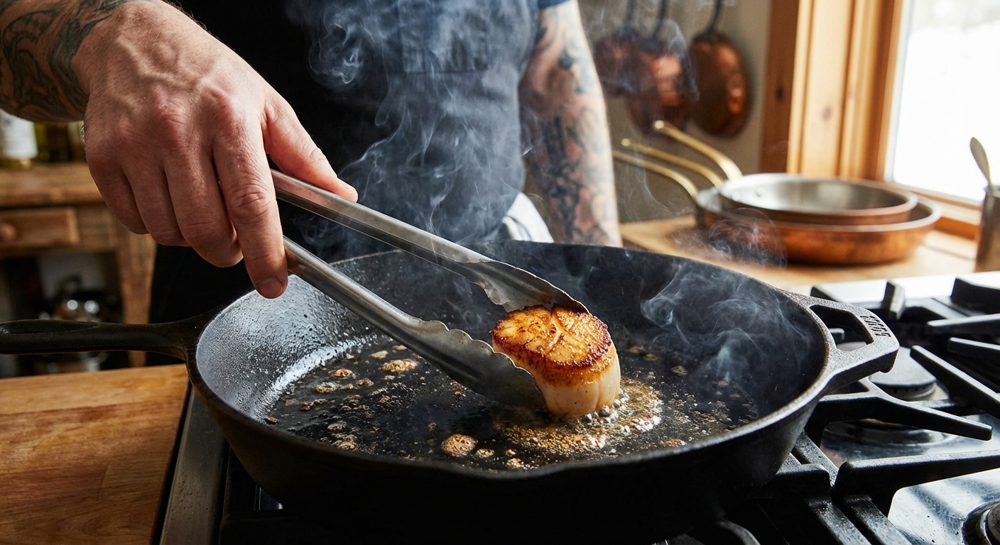A cook using tongs to flip a scallop in a hot skillet with a golden crust forming